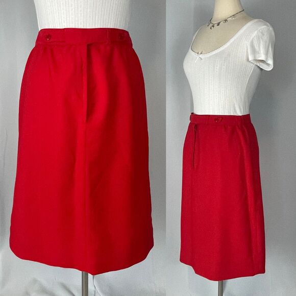 Vintage Midi Skirt Size 12 Red Solid Minimal Secretary Retro High Rise 70s 80s - Picture 15 of 15